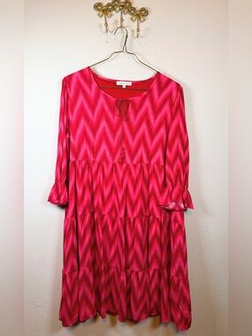 Indigo Soul Pink& Red Chevron Tie-Neck Tiered Long Sleeve Dress. Size L